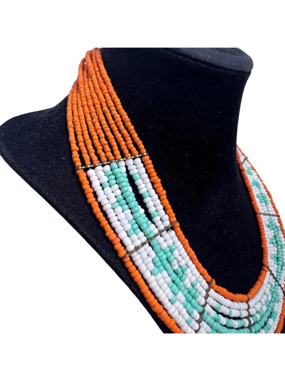 Orange, White and Blue Beaded Tribal Inspired Collar Necklace (6403) - Picture 2 of 6